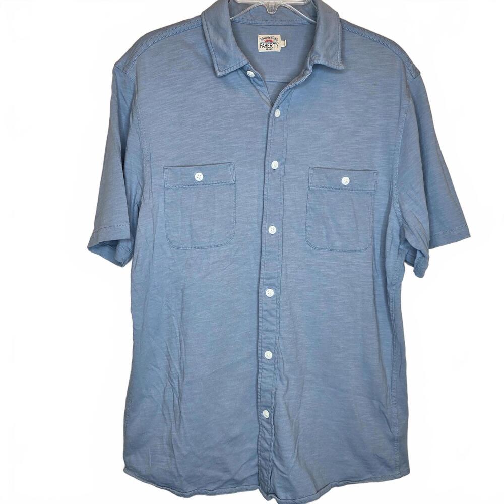 Faherty Men's Short Sleeve Knit Seasons Shirt Button Down Light Blue Size Large